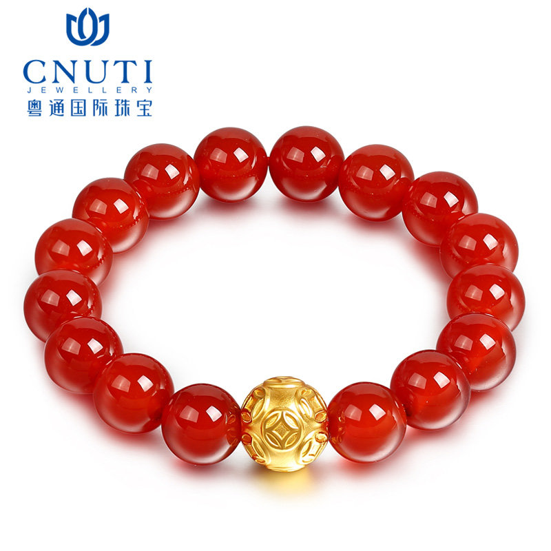CNUTI粤通国际珠宝 黄金转运珠手链足金999 3D硬金铜钱财源滚滚红玛瑙手链 约1g粤通金银饰品